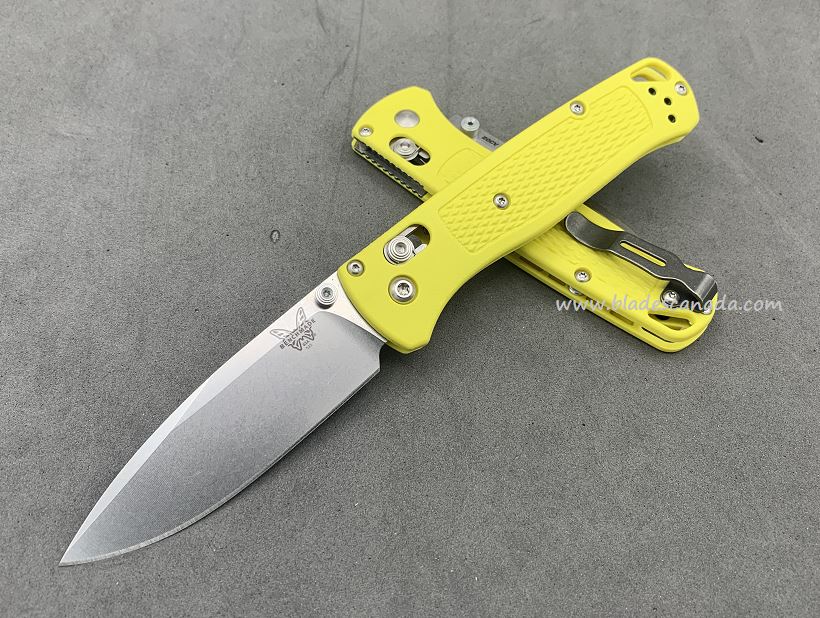 Benchmade Bugout Folding Knife, 20CV, Yellow Handle, Satin Thumbstud & Standoffs, 535CU89