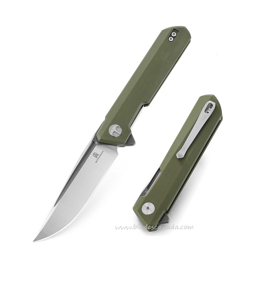 Bestechman Dundee Flipper Folding Knife, D2 Satin/Titanized, G10 Green, BMK01E
