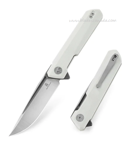 Bestechman Dundee Flipper Folding Knife, D2 Satin/Titanized, G10 White, BMK01G