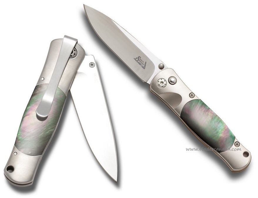 Santa Fe Stoneworks Tesoro Button lock Folding Knife, VG10, Black Lip MOP
