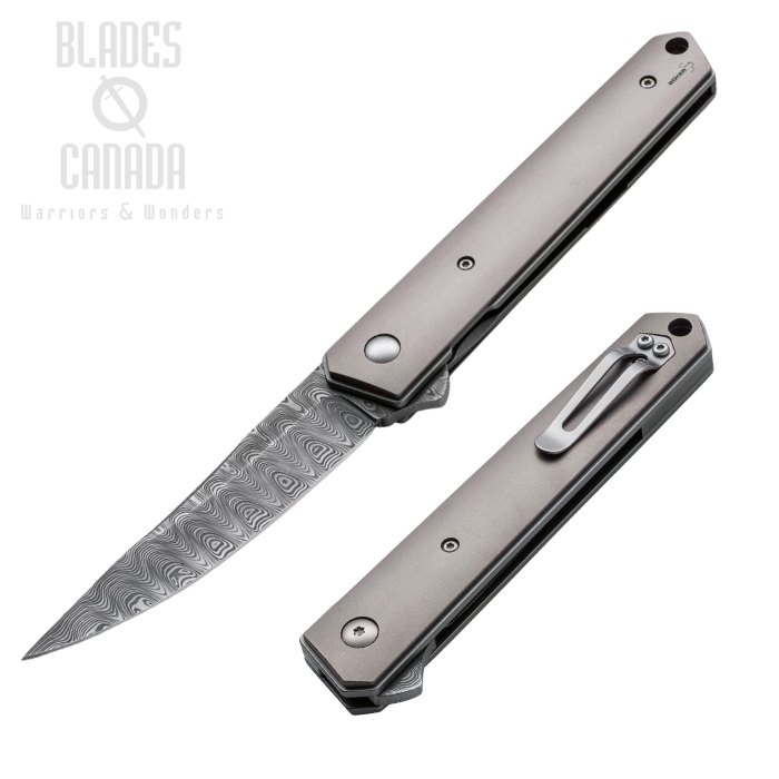 Boker Plus Kwaiken Flipper Folding Knife, Damascus Blade, Titanium, 01BO297DAM