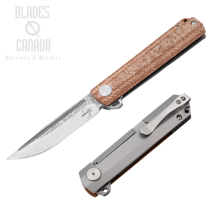 Boker Plus Catalyst Flipper Knife, Damascus, Micarta Natural, Slipjoint, 01BO479DAM