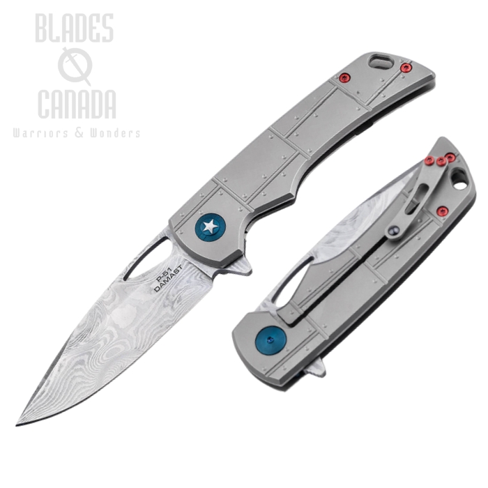 Boker Plus P-51 Damast Flipper Framelock Knife, Damascus, Titanium, 01BO910DAM