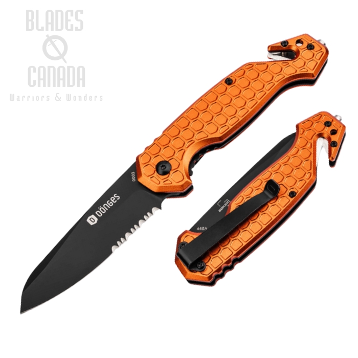 Donges Basic Rescue Flipper Folding Knife, 440A Black Partially Serrated, Aluminum Orange, 01DG002