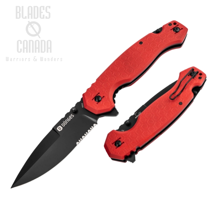 Donges Professional Fire Flipper Folding Knife, D2 Black Partially Serrated, G10 Red, 01DG004