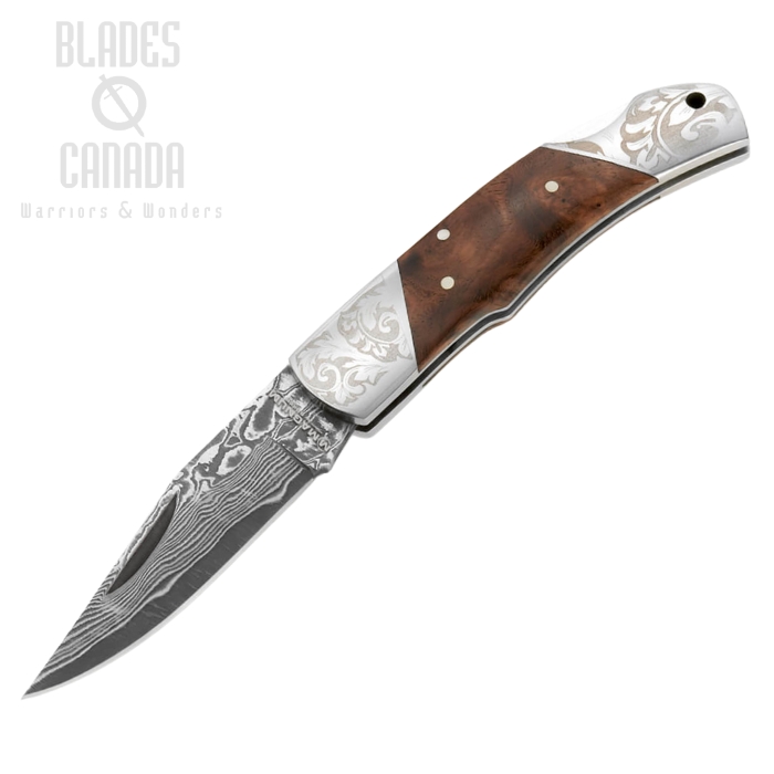 Boker Magnum Duke Folding Knife, Damascus Blade, Wood Handle, B-01MB946DAM