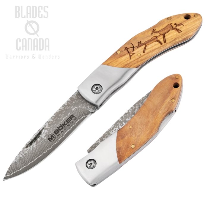Boker Magnum Caveman Folding Knife, Damascus, Wood Handle, 01RY818DAM