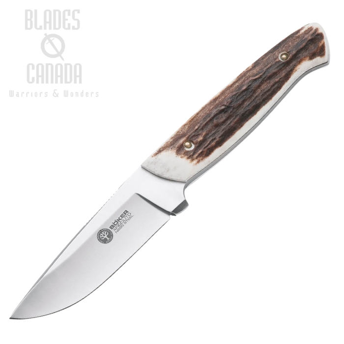 Boker Arbolito Stag Hunter Fixed Blade Knife, N695, Stag Handle, Leather Sheath, 02BA319H