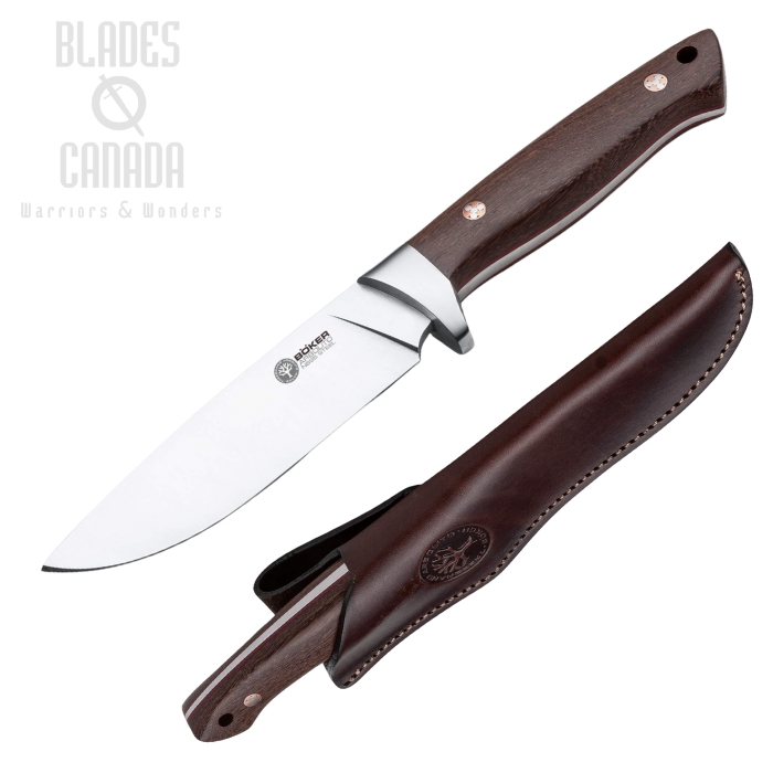Boker Arbolito Hunter Fixed Blade Knife, Wood Handle, Leather Sheath, 02BA351G