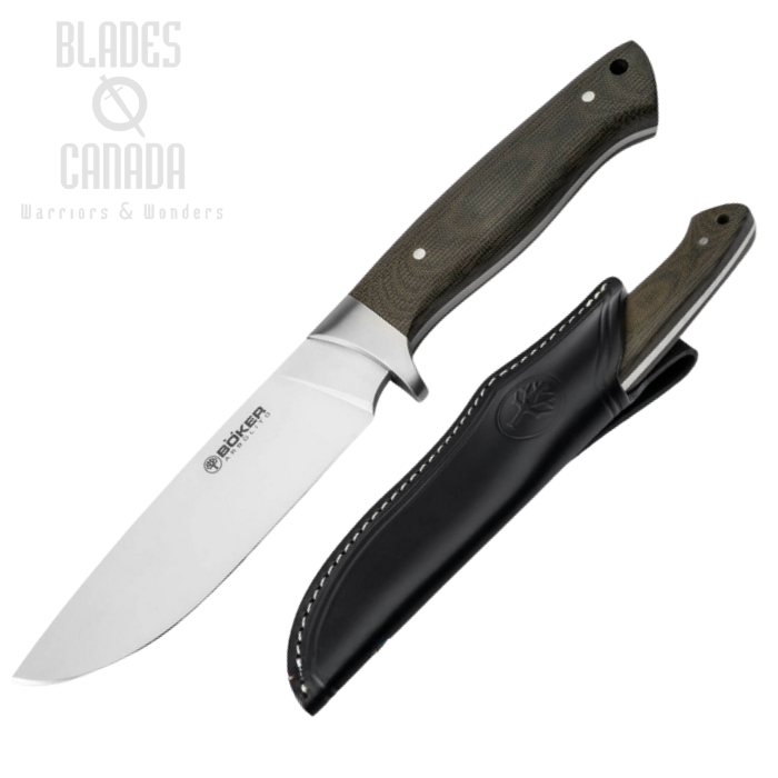 Boker Arbolito Hunter Fixed Blade Knife, ACX 390, Micarta Green, Leather Sheath, 02BA351M