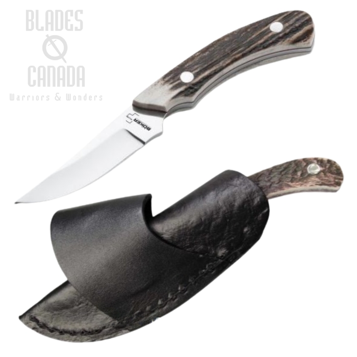 Boker Plus Cross Draw Fixed Blade Knife, 440C, Stag Handle, Leather Sheath, 02BO515