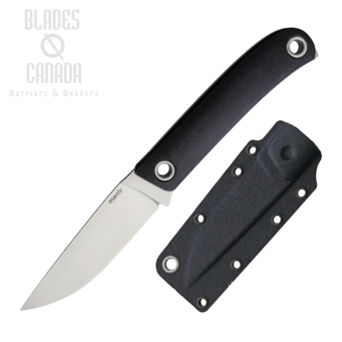 Manly Patriot Fixed Blade Knife, D2 Satin, G10 Black, Kydex Sheath, MLY008