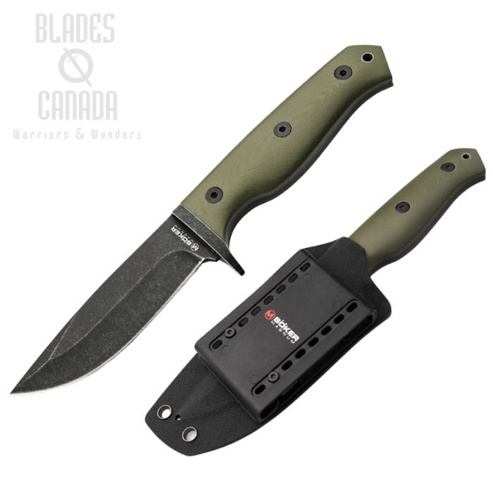 Boker Magnum Bushcraft Drop Fixed Blade Knife, 440A Black, G10 OD Green, 02SC339