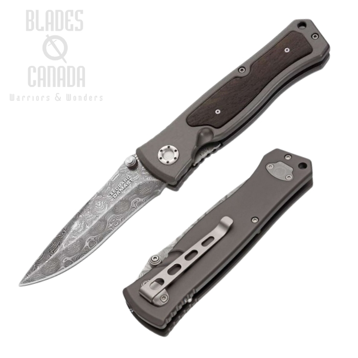 Boker Germany Leopard II Folding Knife, Damascus Blade, Aluminum/Wood, 111054DAM