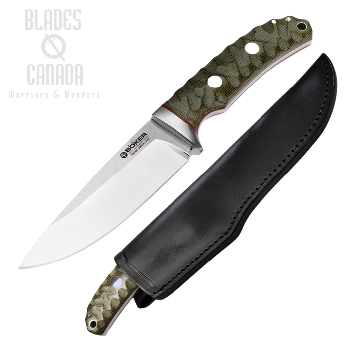 Boker Germany Savannah Fixed Blade Knife, N690, Micarta, Leather Sheath, 120620