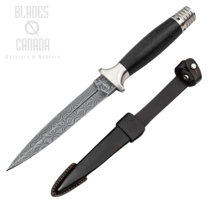 Boker Manufaktur MG-42 Dagger Fixed Blade Knife, Damascus, Hornbeam, Leather Sheath, 121506DAM