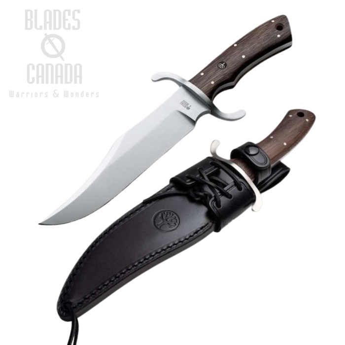 Boker Germany Bowie Fixed Blade Knife, N690, Oak Wood, Leather Sheath, 121547