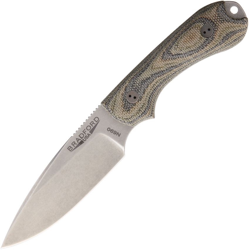 Bradford Guardian 3 Fixed Blade Knife, N690, 3D Camo Micarta, Leather Sheath, BRAD3FE109