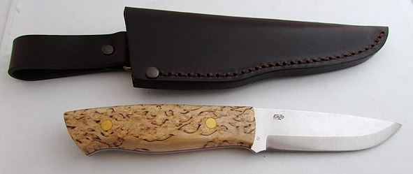 EnZo Trapper Fixed Blade Knife, O1 Carbon, Curly Birch, BRI2054