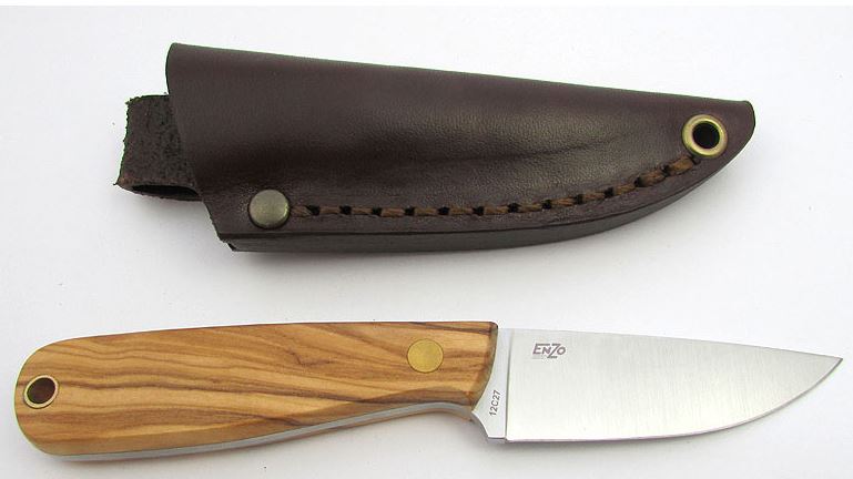 EnZo Necker 70 Fixed Blade Knife, Olive Wood, Leather Sheath, BRI9813
