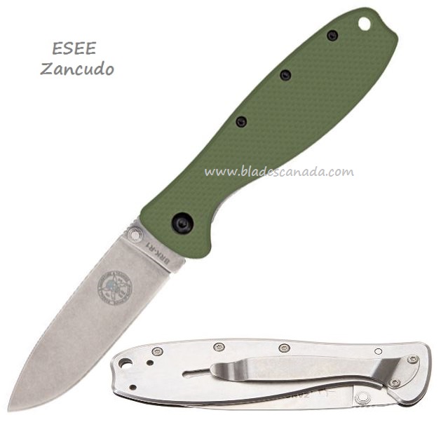 ESEE Zancudo Framelock Folding Knife, AUS 8A, GFN OD Green/Stainless, BRKR1OD