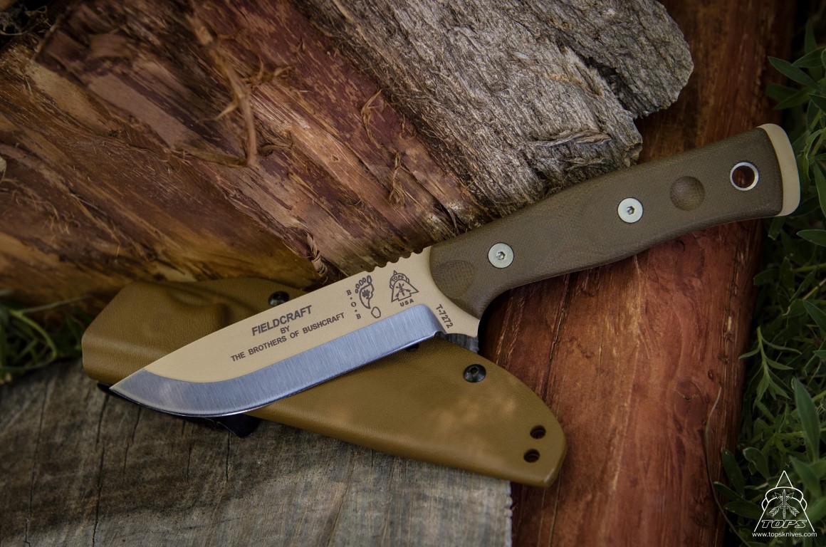 TOPS B.O.B. Fixed Blade Knife, 1095 Carbon, Micarta Green, Kydex Sheath, BROSTAN