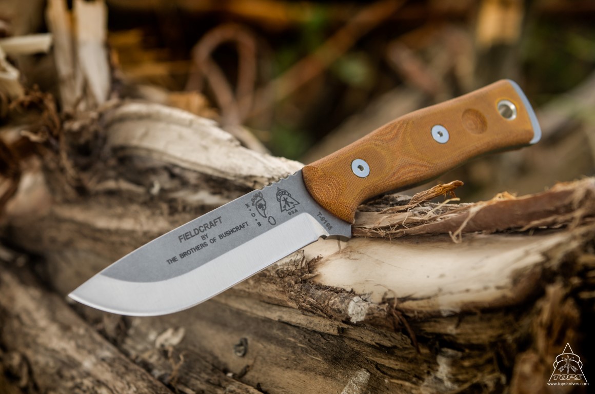 TOPS B.O.B. Tumble Finish Fixed Blade Knife, 1095 Carbon, Tan Micarta, Kydex Sheath, BROSTBF