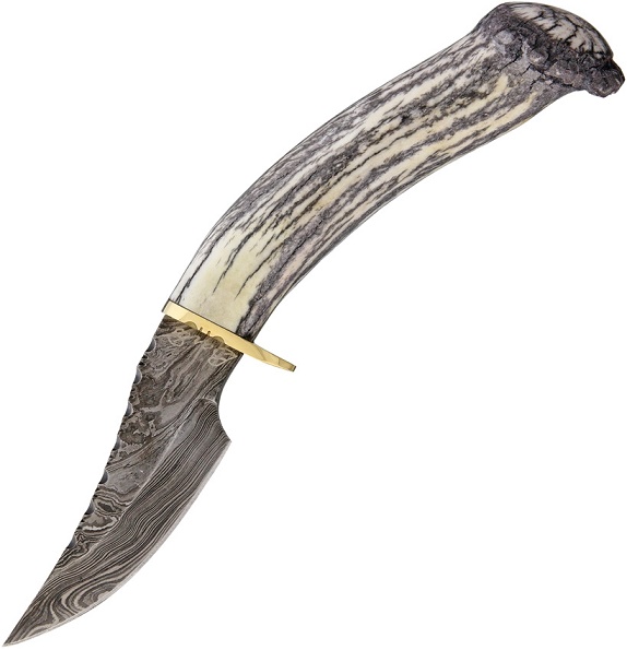 Barto Deer Antler Skinner Fixed Blade Knife, Damascus, Leather Sheath, BRT004