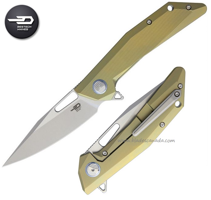 Bestech Shrapnel Flipper Framelock Knife, S35VN Two-Tone, Titanium Gold, BT1802D - Click Image to Close