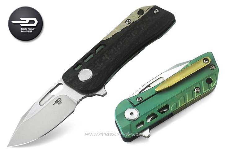 Bestech Engine Flipper Framelock Knife, S35VN Two-Tone, Titanium Green/CF, BT1805C