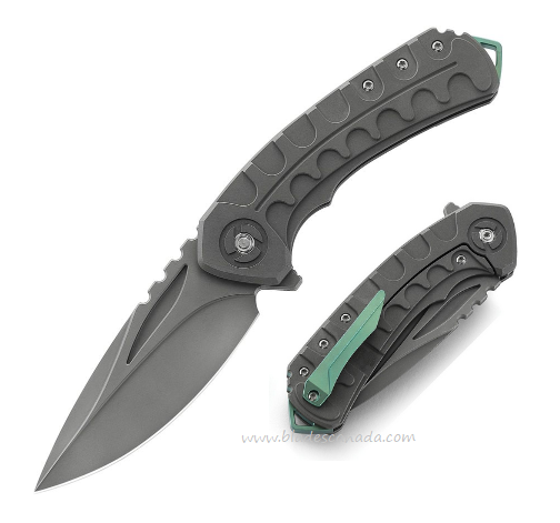 Bestech Buwaya Flipper Framelock Knife, M390 Grey, Titanium Grey w/Green Ti Clip, BT2203B