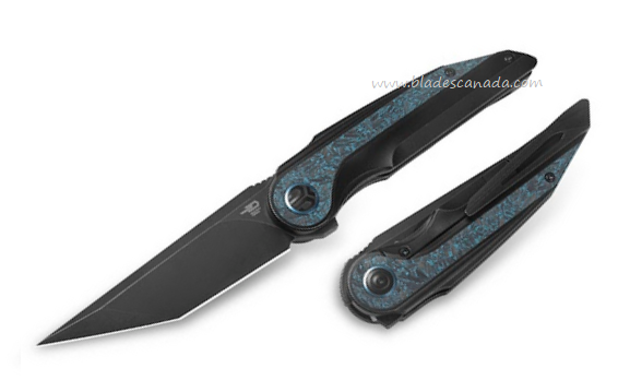 Bestech Blind Fury Flipper Framelock Knife, M390 Black SW, Titanium Black/Sky Blue Marble Inlay, BT2303D