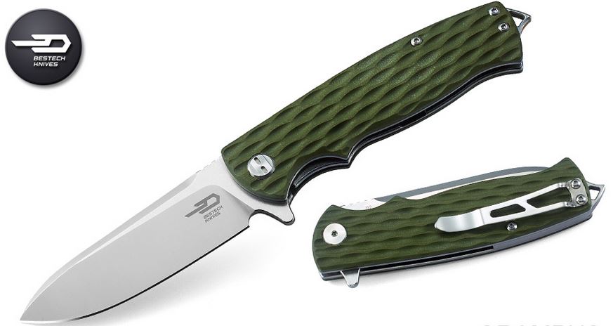Bestech Grampus Flipper Folding Knife, D2 Two-Tone, G10 Green, BG02B - Click Image to Close
