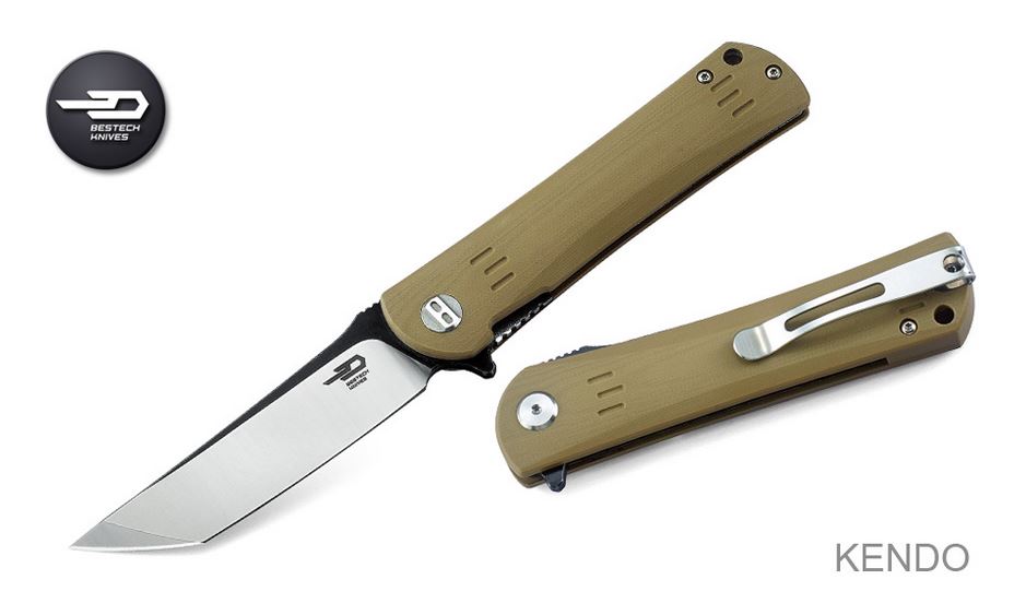 Bestech Kendo Flipper Folding Knife, D2 Tanto Two-Tone, G10 Tan, BG06C-2