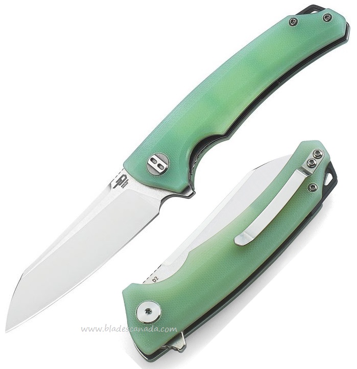 Bestech Texel Transparent Flipper Folding Knife, D2 Two-Tone, G10 Jade, BG21B-1
