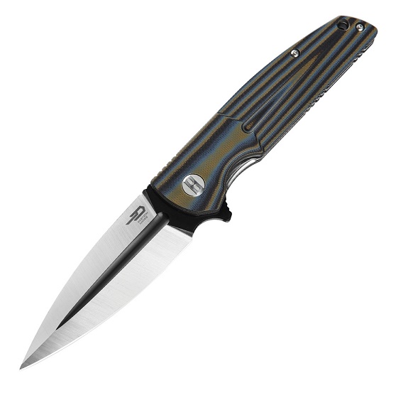 Bestech Fin Flipper Folding Knife, 14C28N Sandvik, G10 Multi Colour Blue, BG34D-2