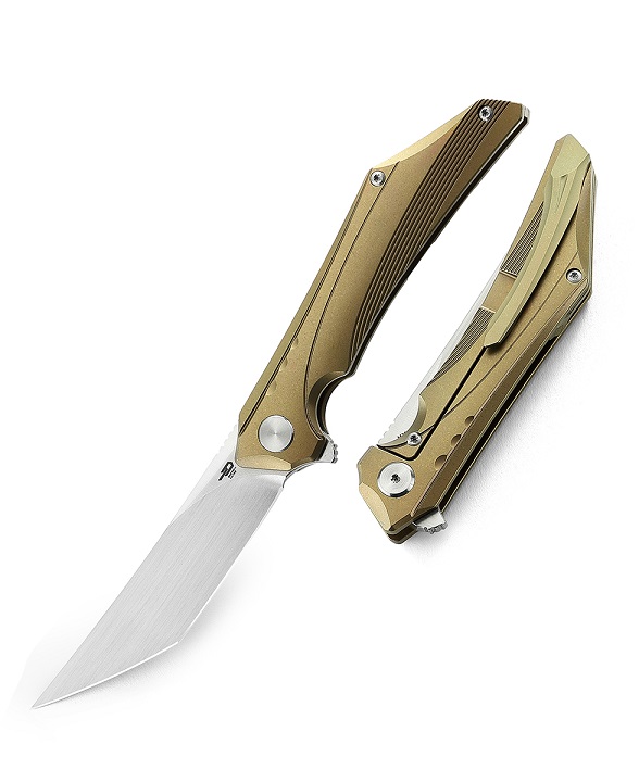 Bestech Kamoza Flipper Framelock Knife, M390 Tanto, Titanium Gold, BT1911C - Click Image to Close