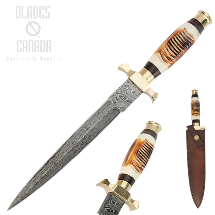 Timber Wolf Elite Dagger, Damascus, Bone, Leather Sheath, TW455