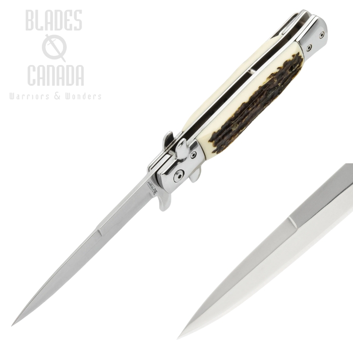Kriegar German Faux Stag Stiletto Folding Knife, Stainless, Assisted Opening,KG243