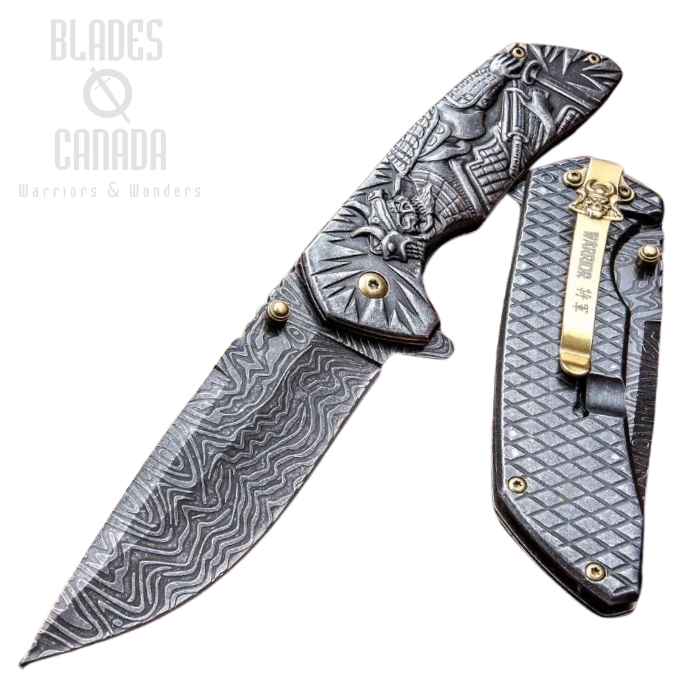 Shadow Warrior Flipper Folding Knife, Damascus Look w/Samurai Art Work, Assisted Opening, BK3530