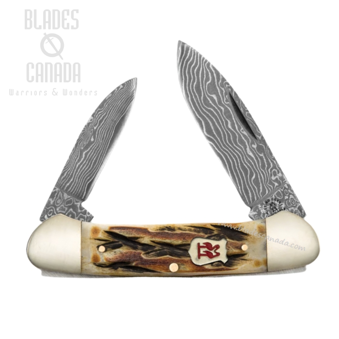 Kissing Crane Canoe Slipjoint Knife, Damascus, Burnt Bone, KC5476