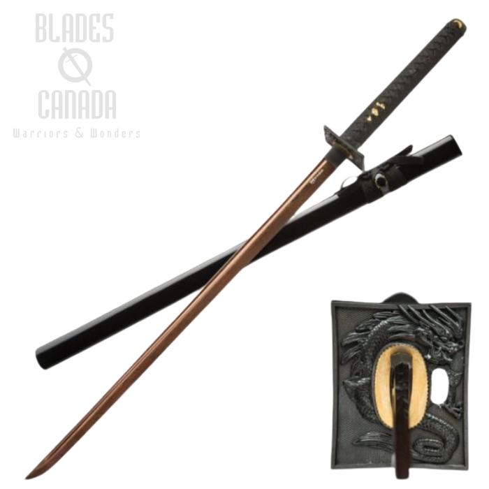 Shinwa Black Knight Ninja Sword, Damascus Steel, Ray skin, hardwood sheath, KZ747DZ