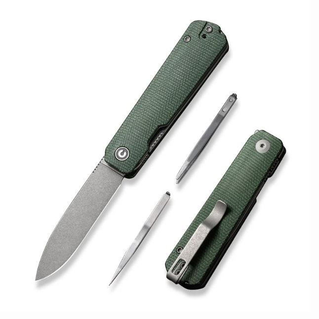 CIVIVI Sendy Flipper Folding Knife, Stonewash Nitro-V, Green Canvas Micarta, C21004A-1
