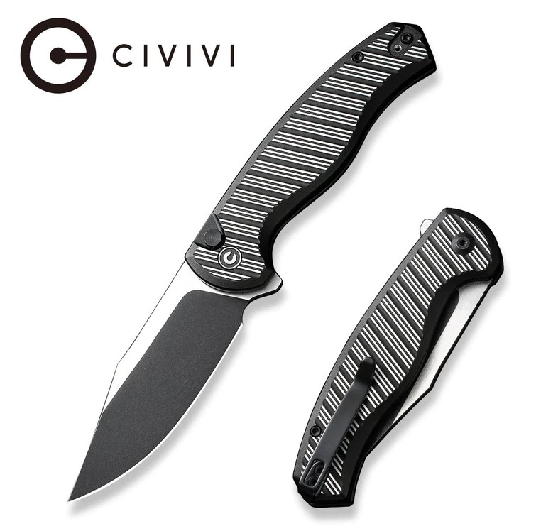 CIVIVI Stormhowl Flipper Folding Knife, Damascus, Black Aluminum, C23040B-1