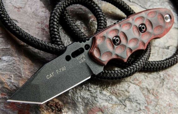 TOPS C.A.T. Covert Anti-Terrorism Fixed Blade Knife, 1095 Carbon Tanto, G10 Red/Black, CAT203T02