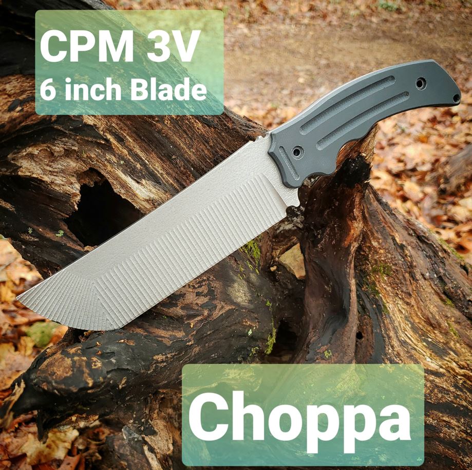 Hoback Choppa Fixed Blade Knife, CPM 3V, G10 Black, Kydex Sheath