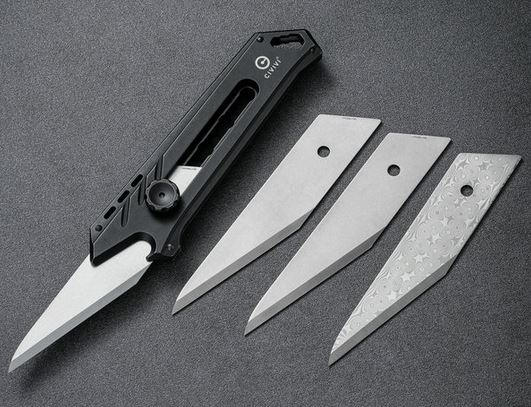 CIVIVI Mandate Utility Knife, Titanium, 2 extra CrMoV & 1 Damascus Blade, 2007D - Click Image to Close