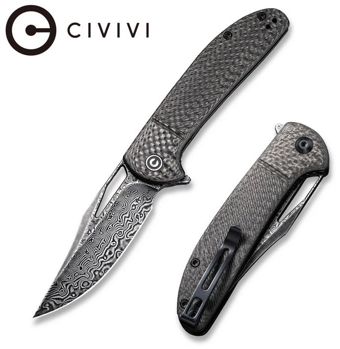 CIVIVI Ortis Flipper Folding Knife, Damascus, G10 Black/CF, 2013DS-1
