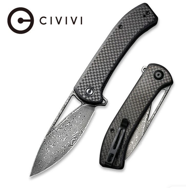 CIVIVI Riffle Flipper Folding Knife, Damascus, G10 Black/CF, 2024DS-1