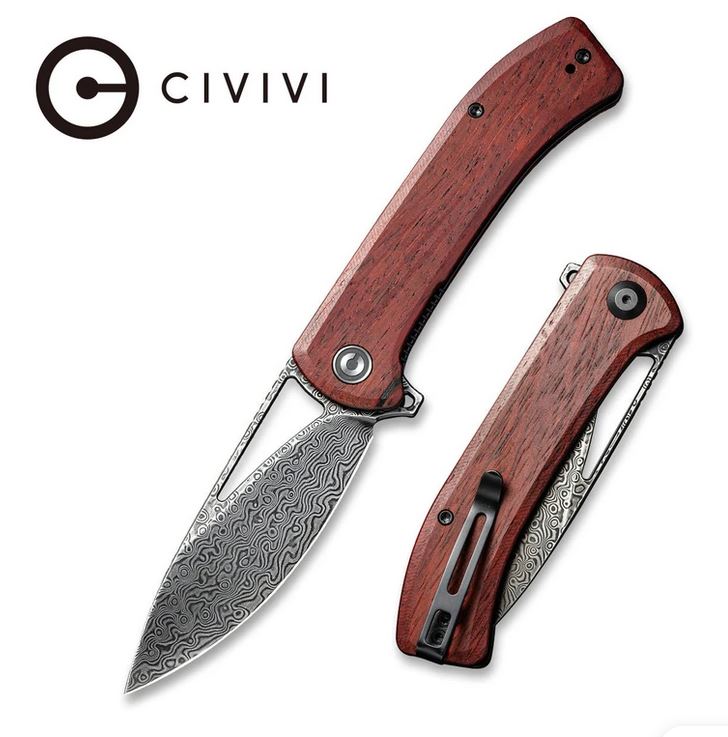 CIVIVI Riffle Flipper Folding Knife, Damascus, Dark Sandalwood, 2024DS-2